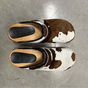Bjork Swedish Cow Print Clogs